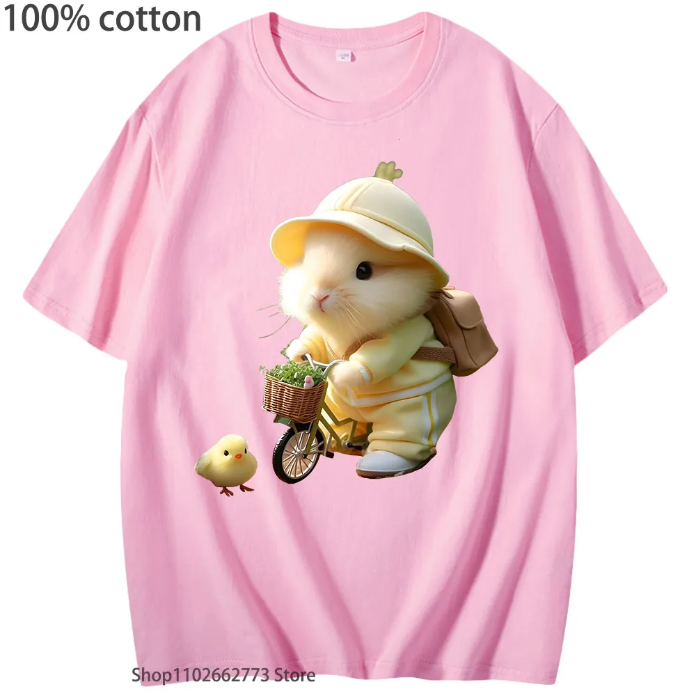 

Kawaii Cute Cats Is Riding Bicycles with Chicks Taking WalksT-Shirts 100% Cotton Tees Summer Clothes Women Soft Casual Men Tops