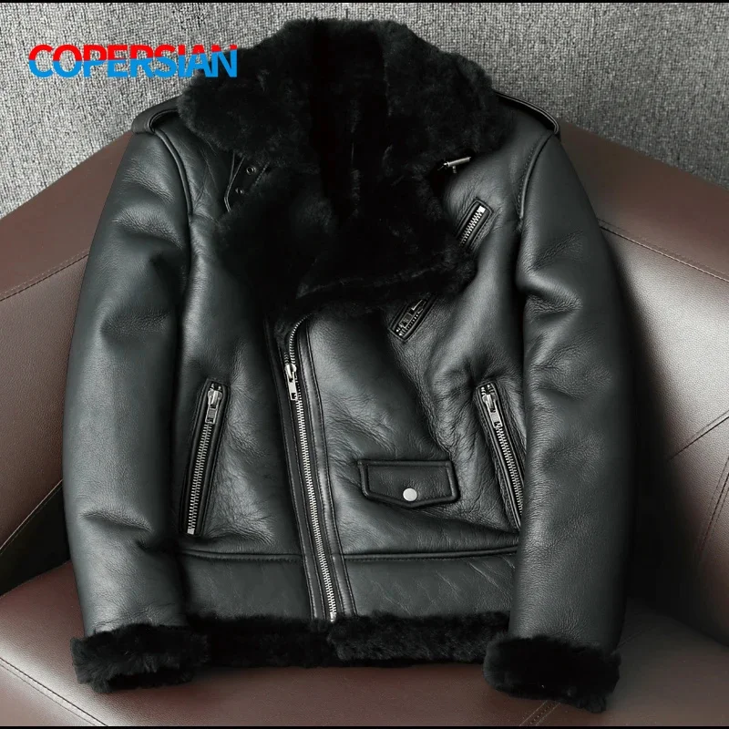 

2024 New Men's Winter Oblique Zipper Fur Conjoined Leather Jacket Lapel Motorcycle Coat