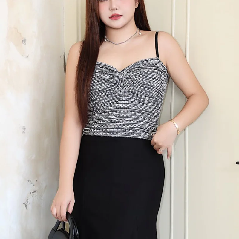 Fashion Plus Size Women's Camis Premium Sweet And Spicy French Inner Layer Underwaist Cool Chic Tweed Knot Spaghetti Strap Top
