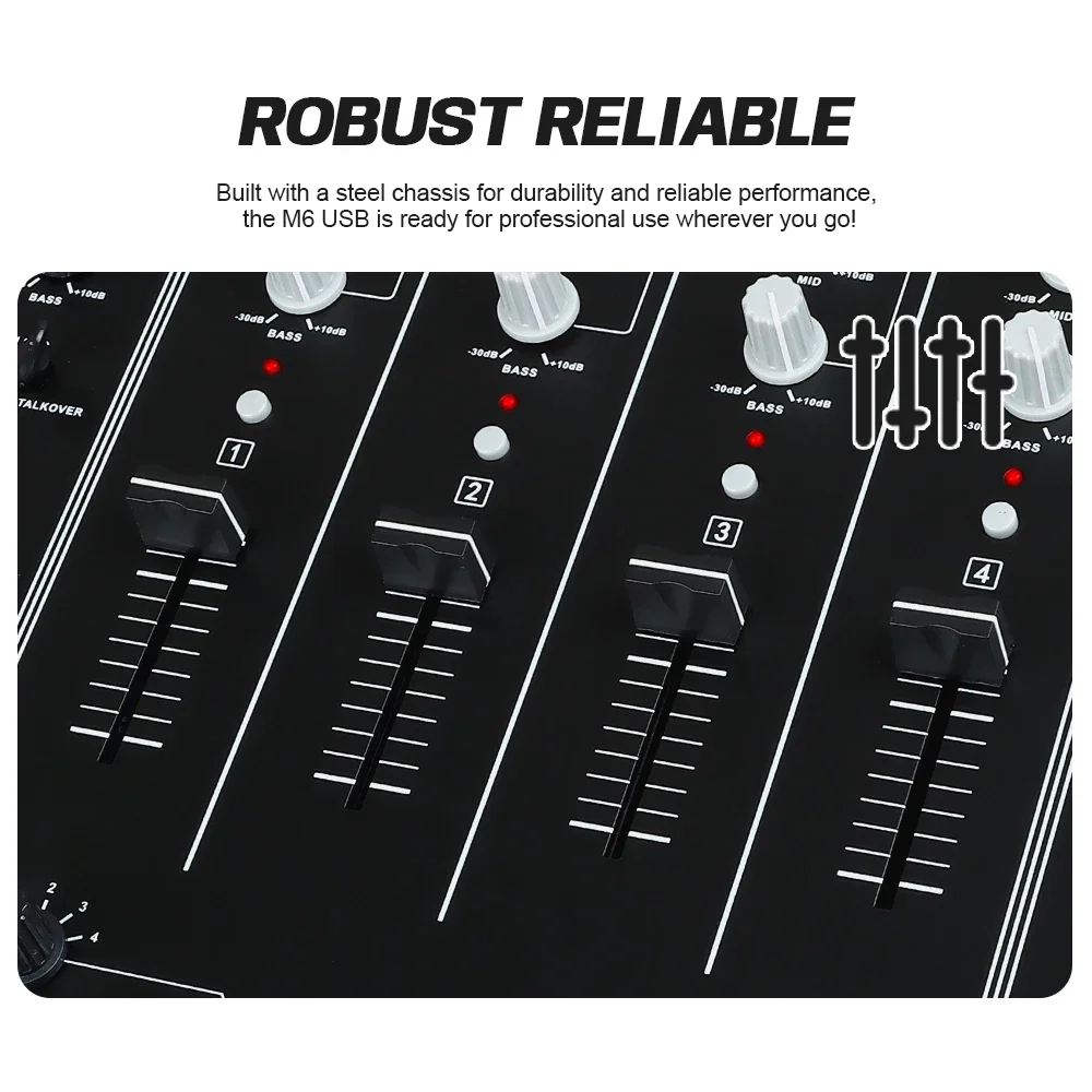 M6 USB 4-Channel Scratch DJ Mixer with Built-In Audio Interface 3-Band EQ Microphone Input and Replaceable Crossfader DGNOG