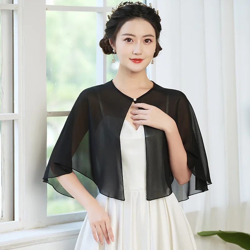 

Korean Chiffon Pearl Sunscreen Shawl Women Sun Protection Cardigan Spring Summer Thin Short Air-Conditioning Cape Lace Cloak