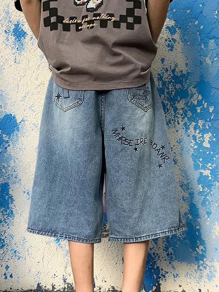 Summer Men Bodybuilding Embroidered Shorts Jeans Male Wide Leg Knee Length Retro Denim Pants Loose Graffiti Drawstring Pants 2