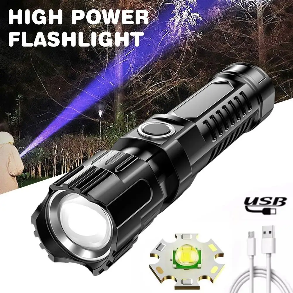 

LED High Power Flashlight Telescopic Zoom Bright Camping USB Flashlight Outdoor Spotlight Rechargeable C3K9