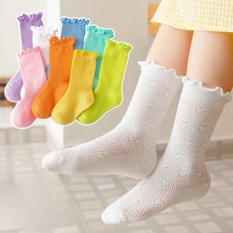 용수철 여름 어린이 귀여운 사랑 패션 롤 에지 오션 에어 메쉬 통기성 편안한 캔디 컬러 미드 튜브 양말 