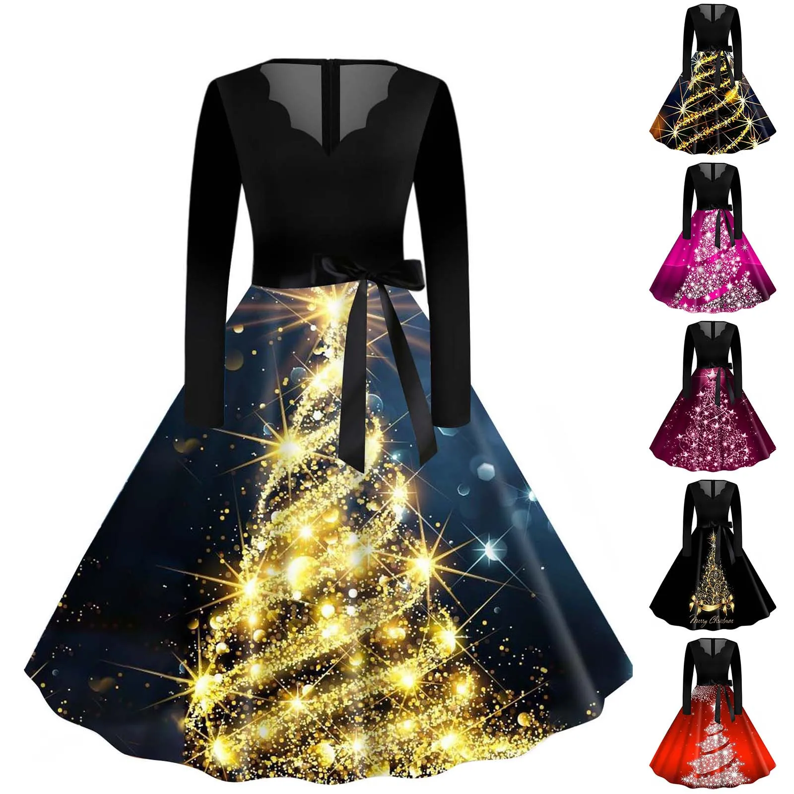 

Women Christmas Vintage Dresses Plus Size Santa Snowflake Print Swing Skirt 50s A Line Flare Lace Dress To Evening Party Prom