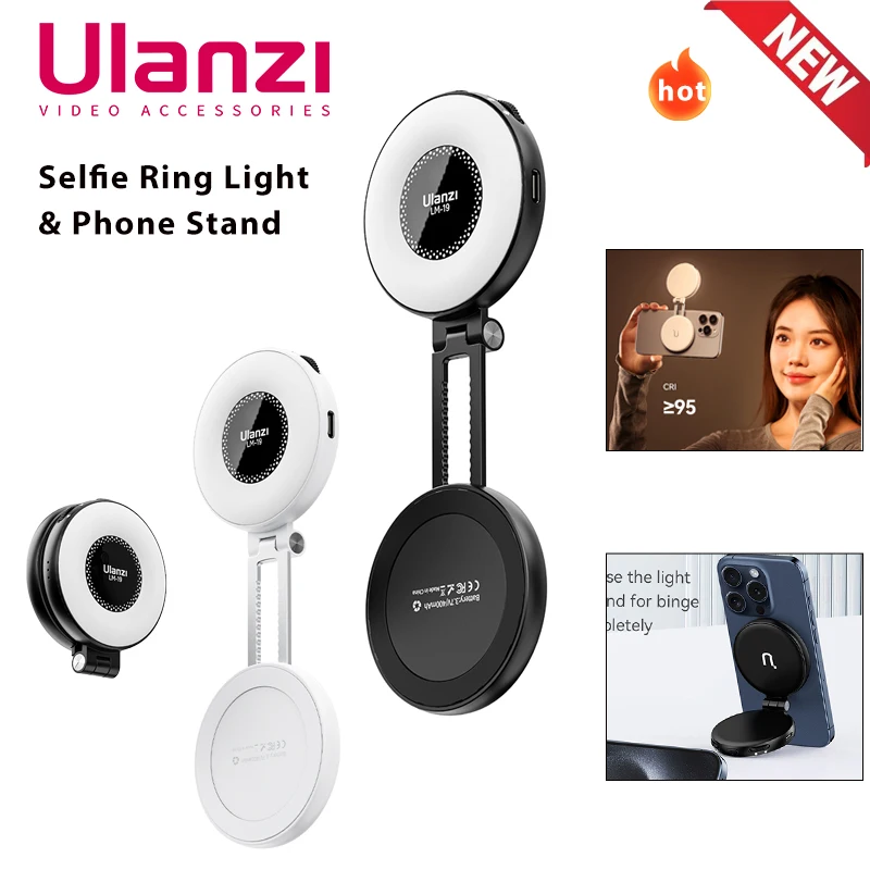 Ulanzi-Anillo de luz LM19 Mini para fotografía, luz de relleno ajustable bicolor, soporte magnético para teléfono con tapa de 180 ° para iPhone
