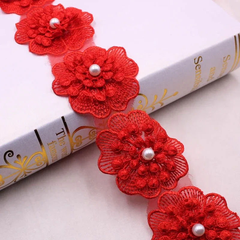 1 Yarda Perla Blanca Con Cuentas Flor Hoja Floral Encaje Borde Borde