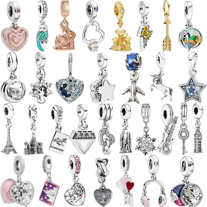 

New Snowflake Unicorn Castle Airplane Star Guitar Heart Bead Fit Original Pandora Charms Silver Color Bracelet DIY Women Jewelry