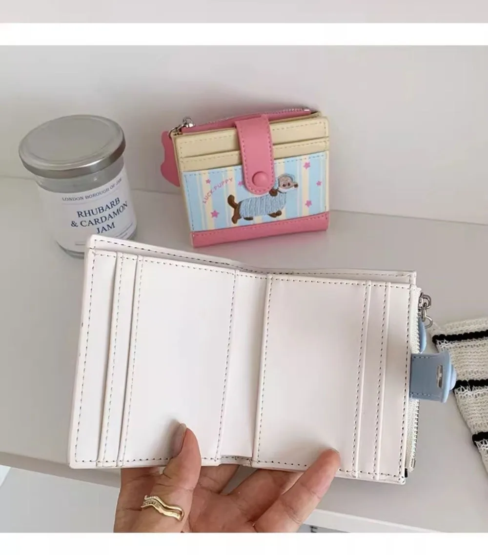 Korean Style Dachshund Embroidery Short Wallet Dopamine Color Zipper Card Bag PU Cartoon Dog Coin Purse Women Girl