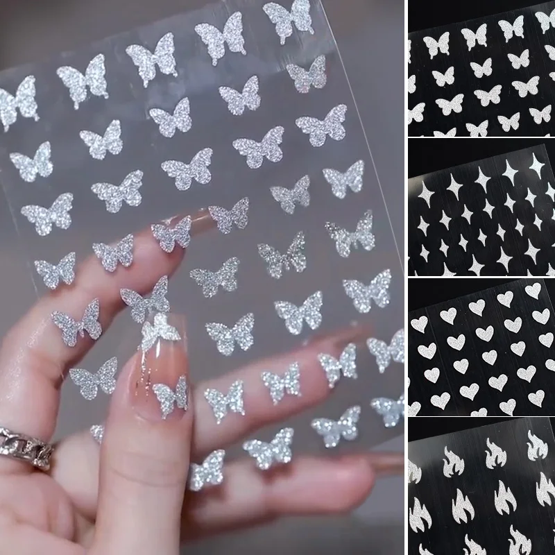 Nail Stickers 1PC Reflective Glitter 3D Nail Stickers Silver Powder Butterfly Star Design Laser Love Heart Foils Sparkly Decoration Manicures