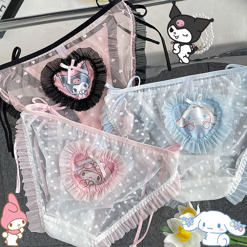 

Kawaii Sanrio Kuromi кружевные трусики милая My Melody Cinnamoroll Сексуальная Кружевная Сетка женское нижнее белье