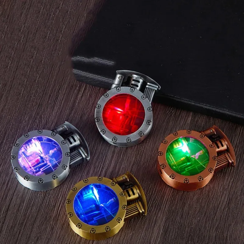 Metal Rocker Arm Butane Torch Lighter Round Shape Retro Large Capacity Transparent Luminescent Tank kerosene lighter bbq lighter butane gas lighter cigarette lighter electric arc igniter