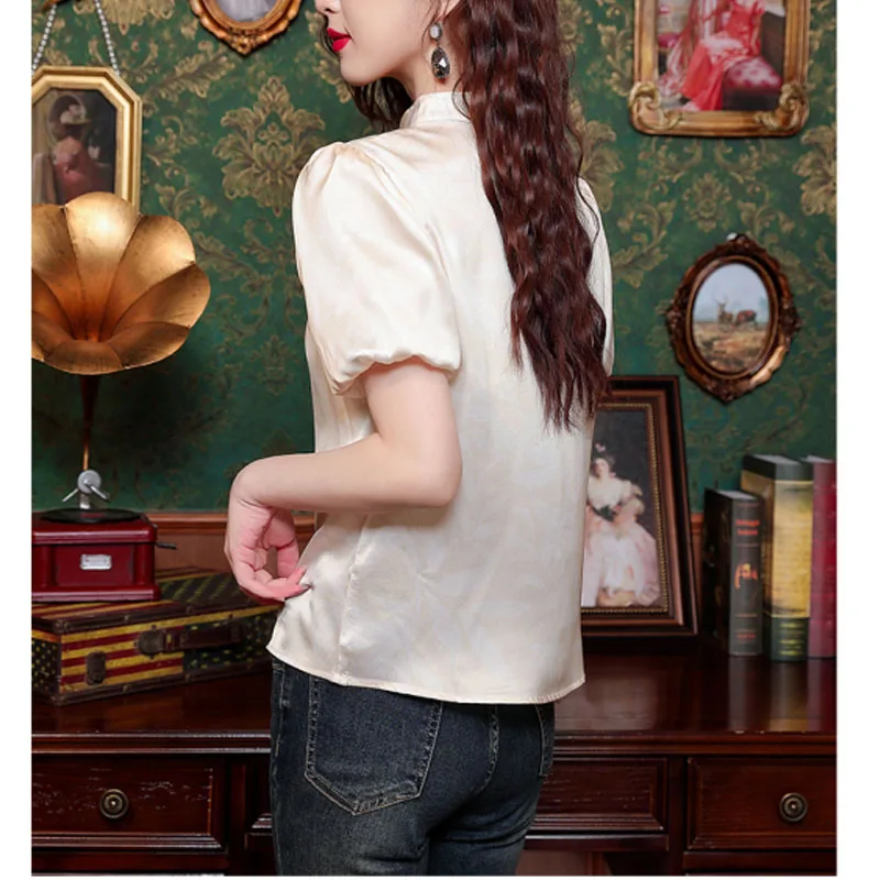 Summer New Women's Fashion Simplicity Versatile Loose Casual Chinese Style Stand Up Collar Button Up Puff Sleeve Shirt Tops