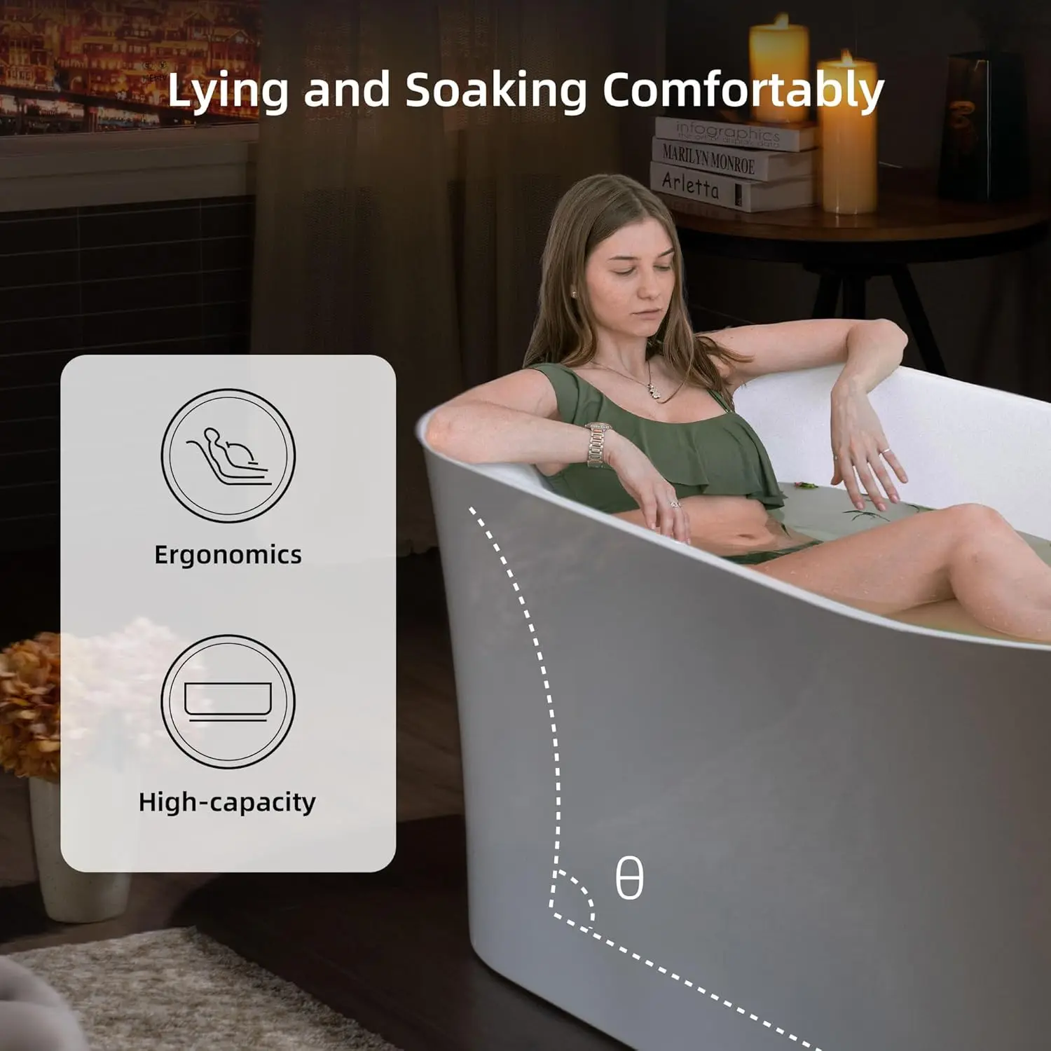 59" Acrylic Freestanding Bathtub Contemporary Soaking Tub with Matte Black Overflow and Drain White Tub