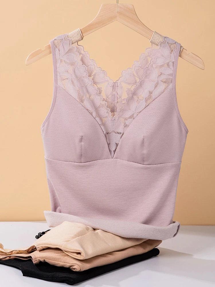 SuyaDream, Women Fleece Vests, Lace V Neck, Thin Padded Tanks, 2023 Fall Winter Basic Slim Thermal T shirt, Pink, Camel