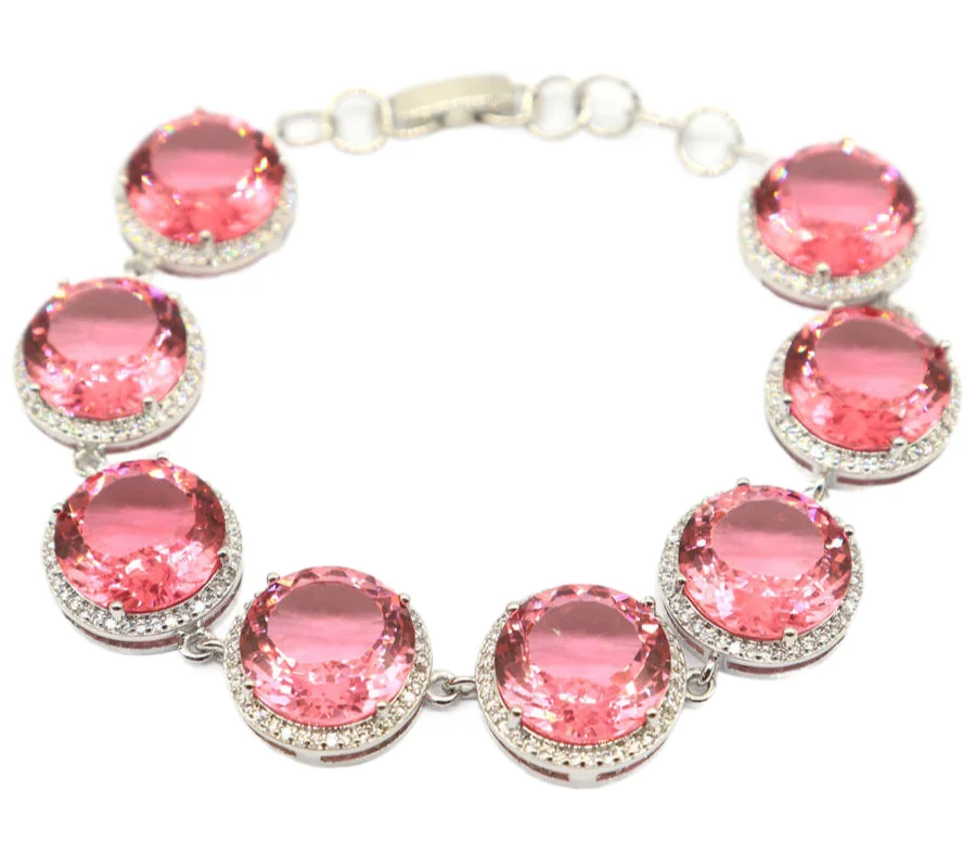 

15x15mm Big Heavy 22.2g Swiss Blue Topaz Pink Morganite White CZ Woman's Wedding Silver Bracelet 6.0-7.5inch
