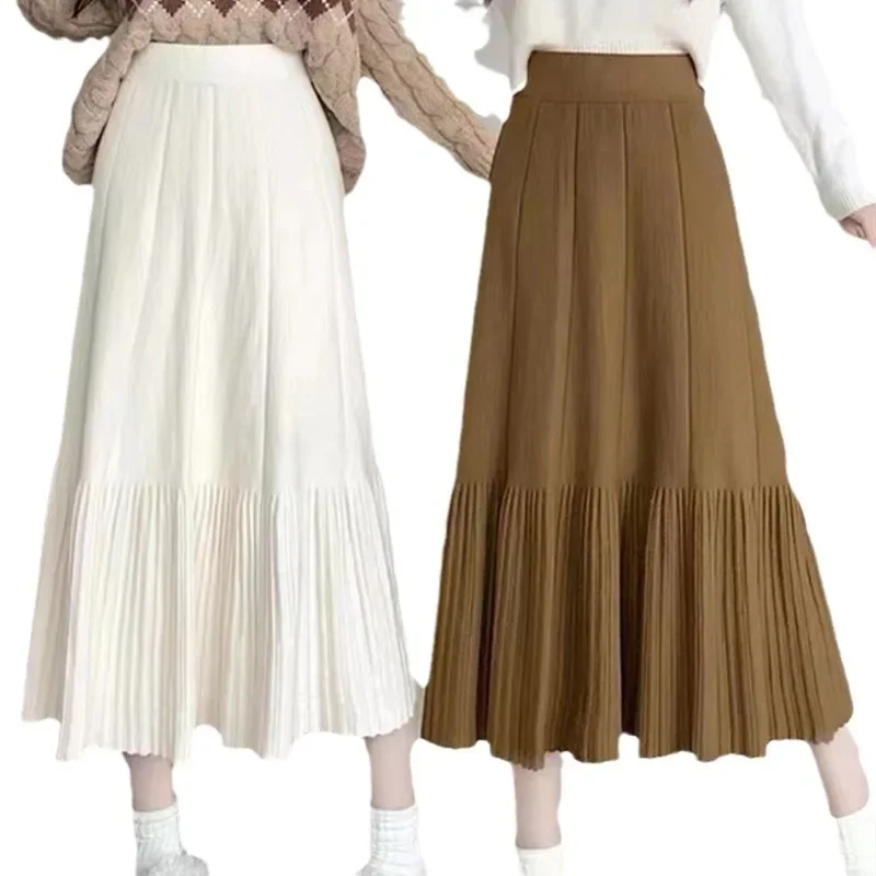 

2024 Spring New A Pleated Skirt Girl Pleated Skirt Tide Solid Color Gentle Wind Knit Skirt for Women Korean Fashion Clothing