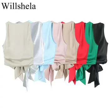 Willshela 여성 패션 보우 솔리드 플리츠 백리스 크롭 탱크 탑, 빈티지 O-넥 민소매 여성 시크 레이디 탑