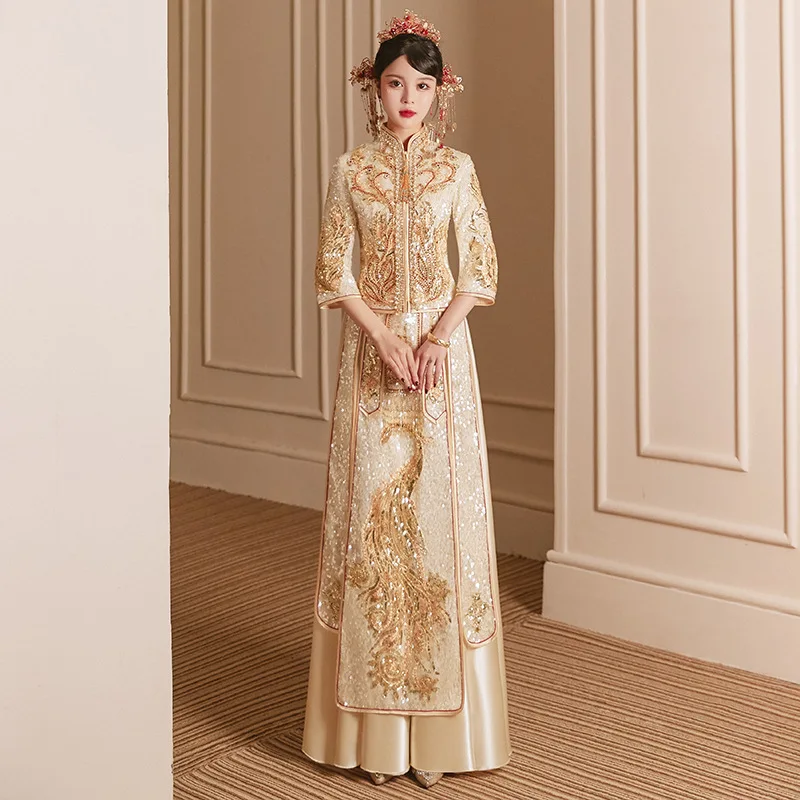 

Chinese Style Bride Beading Wedding Dress Sparkly Champagne Sequins Cheongsam Elegant Vintage Peacock Embroidery Qipao