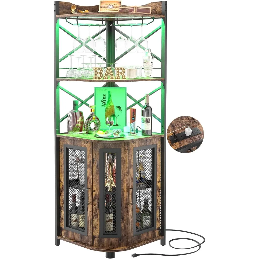 Corner Bar Cabinet with Power Outlet, Industrial Wine Cabinet with LED Strip and Glass Holder, 5-Tiers Liquor Bar Unit