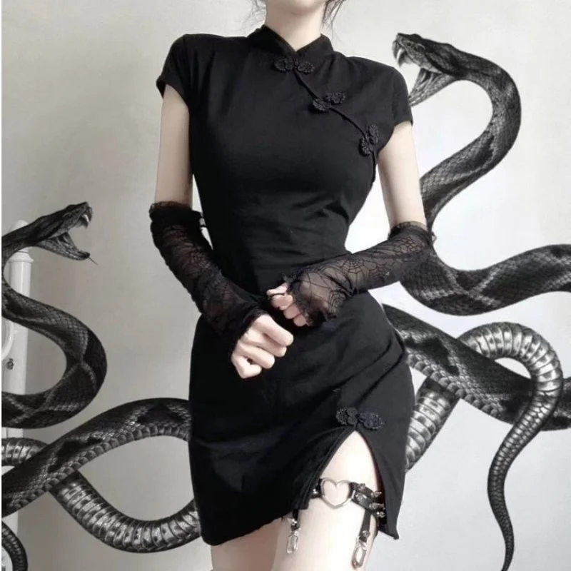 Sexy Mini Split Cheongsam Women Vintage Button Short Sleeve