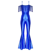 Women Metallic Shiny Dance Jumpsuit Sequin Tassel Sleeveless Bell Bottom Long Pants Bodysuit Romper for Jazz Music Festival - Image 4