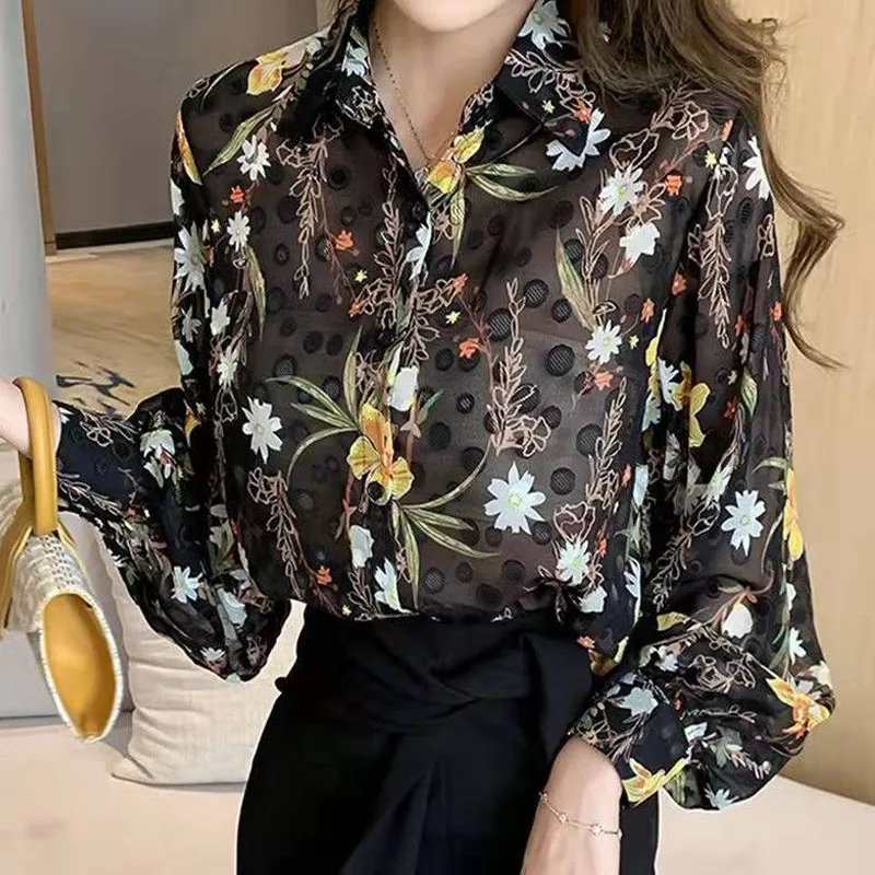 Elegant Fashion Lantern Sleeve Printing Button Women's Shirt 2024 Spring Summer Ladies Vintage Casual Turn-down Collar Blouses