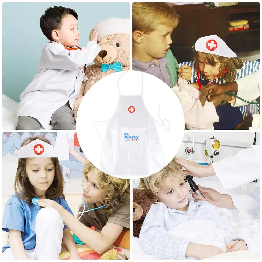 Doctor Nurse Cosplay Uniform and Hat for Kids White Apron Pretend Play Toy Kindergarten Family Costumes Educational Toys 3