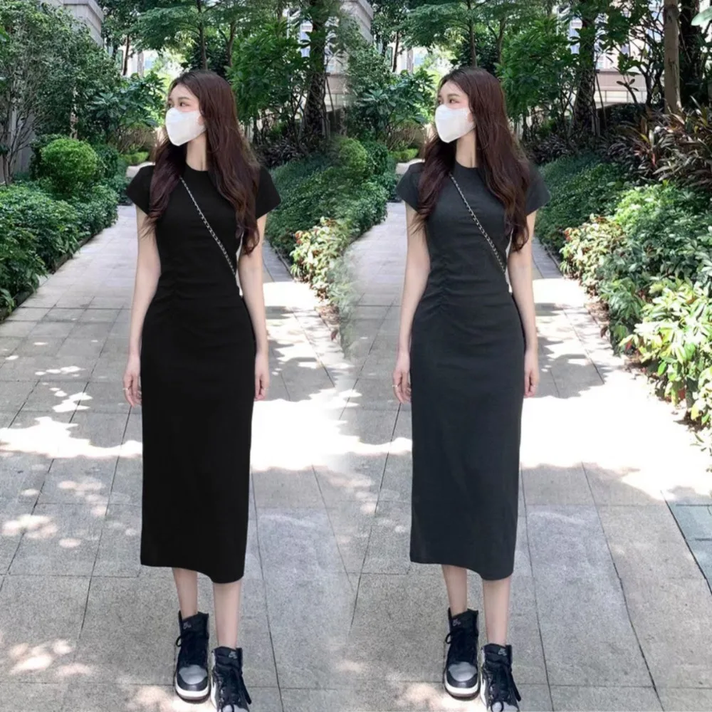 Frühling Sommer Damen O-Ausschnitt Bodycon Kleid Kurzarm Knielang Gerafftes Figurbetontes Einfarbiges Vielseitiges Bürokleid