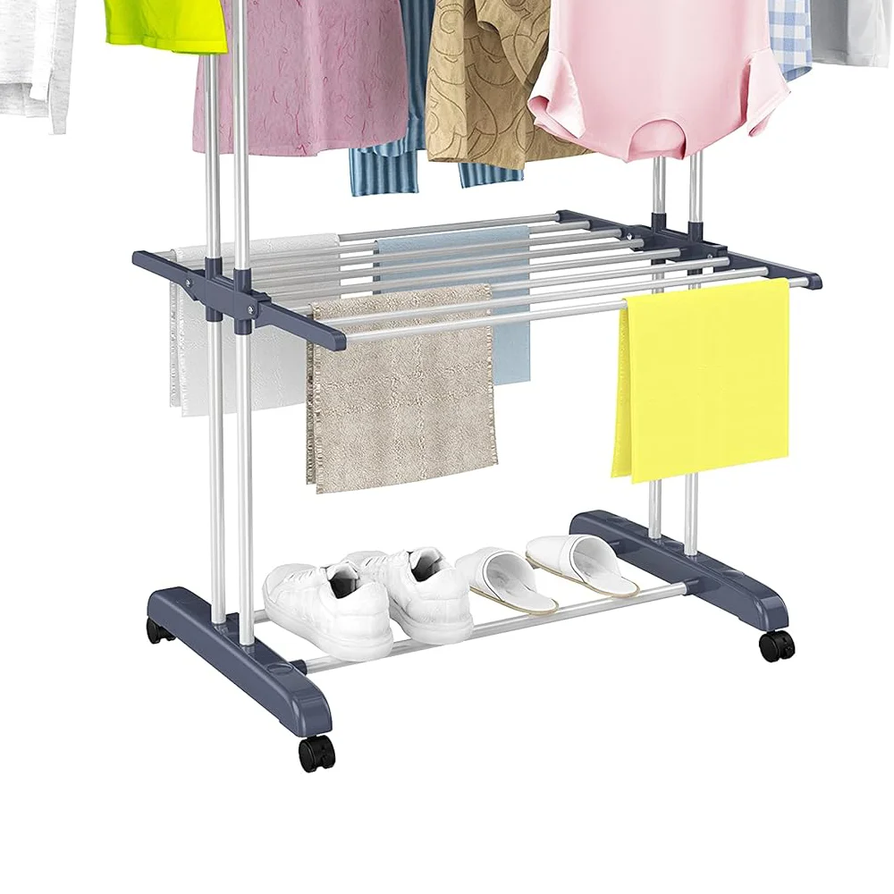 Clothes Rack, 4-Tier Foldable Drying Rack, Movable cloth drying stand with 4 castors. Stainless Steel Laundry Drying Rack 6