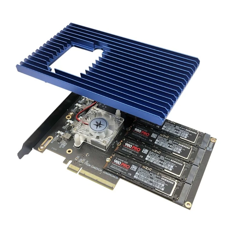 4 Slots Pcie4.0 x16 to m.2 M-Key nvme x 4 SSD Expansion Card RAID Card 64Gbps Transfer Speed 6400mbps Reader and Write