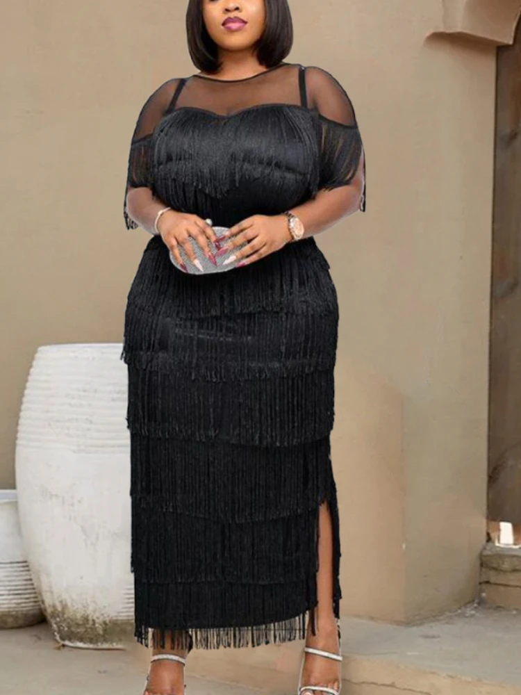 Women Black Tassel Long Dress Patchwork Mesh See Through Party ...