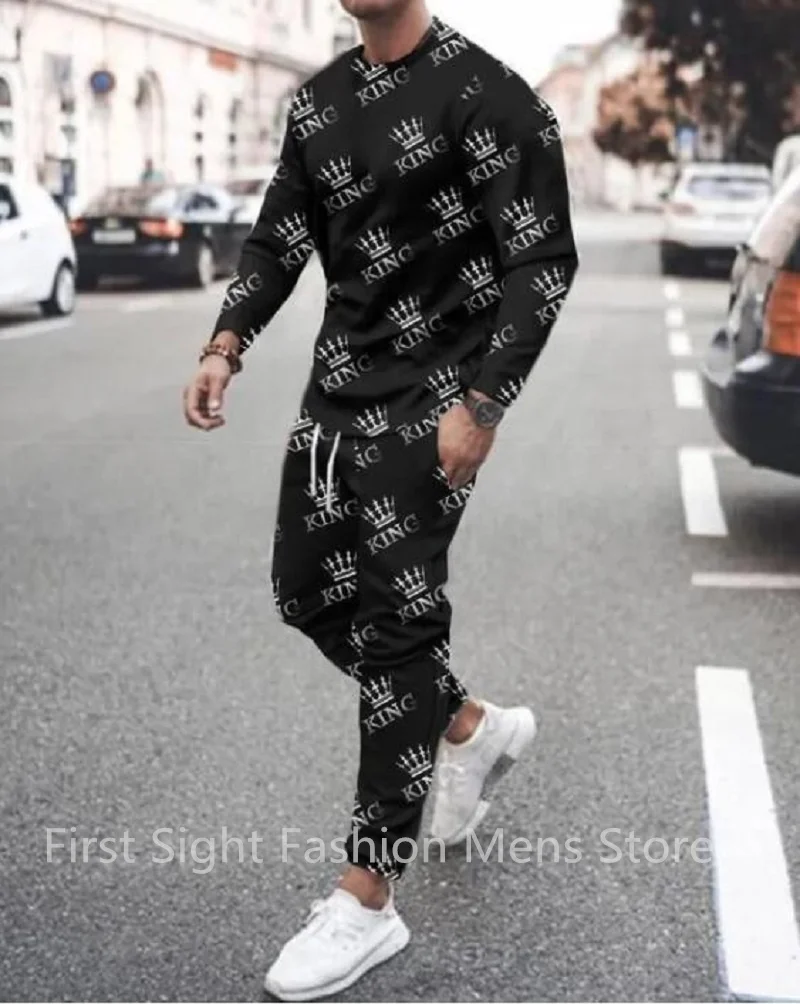 Men's Tracskuit 2-piece K King Letter 3D Printed Oversized Casual Suit Fashion Streetwear Long Sleeve T-Shirt Trousers Outfits