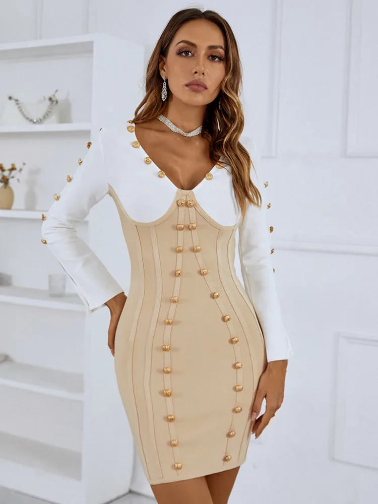 

Women Spring Autumn Bandage Dress Long Sleeve White Khaki Patchwork Gold Buttons Mini Short Bodycon Office Ladies Formal Dress