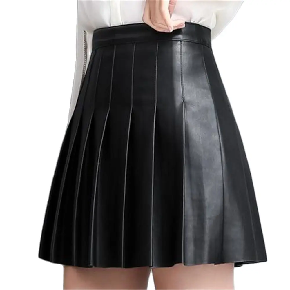 

Hot Sale Female Above Knee High Waist Short Skirt Women Stitching Pleated Autumn Hot Sale Winter Genuine Leather Pleat Skirts