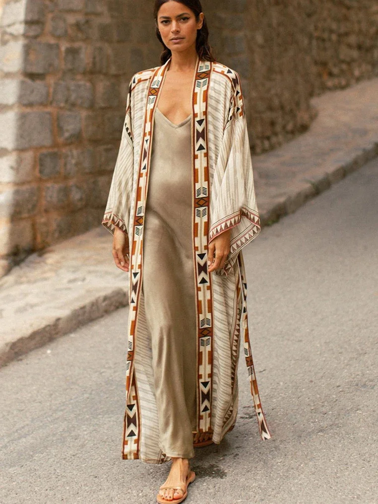 

2023 Beach Kimono Cover-up Loose Swimsuit Cover Up Front Open Belt Kaftan Robe Plage Beach Pareos Dress Tunic Beach Wear