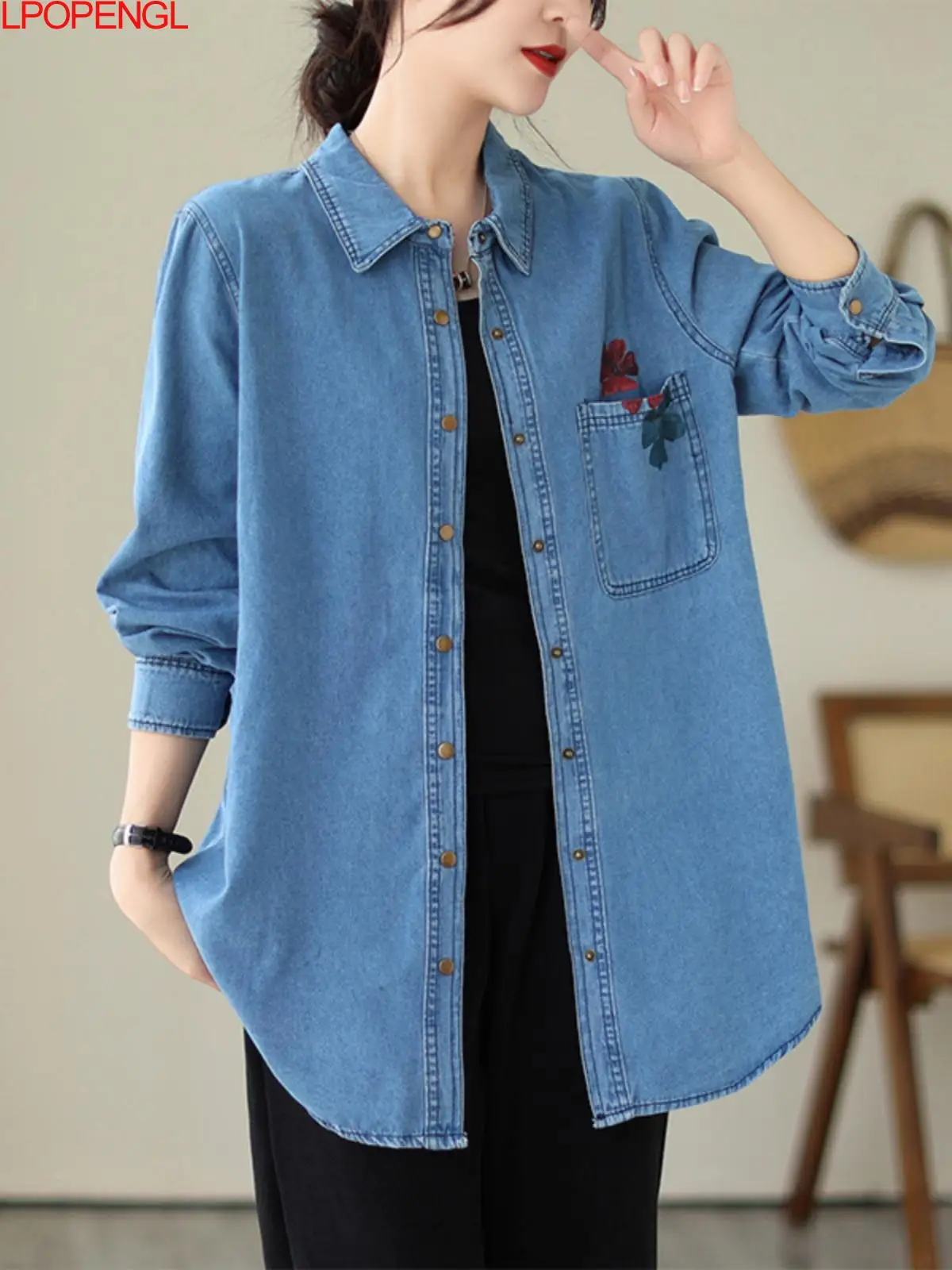 

Retro Printed Long Sleeved Denim Single Breasted Blouses Women's Spring And Autumn Korean Shirt Turn-down Collar Jacket Trend
