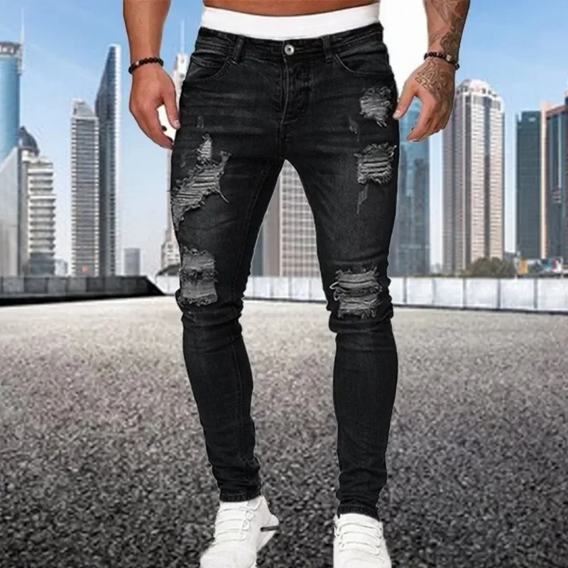 Retro Ripped Pencil Small Foot Skinny Jeans for Men Motorcycle Streetwear Stretch Straight Casual Slim Jeans Male