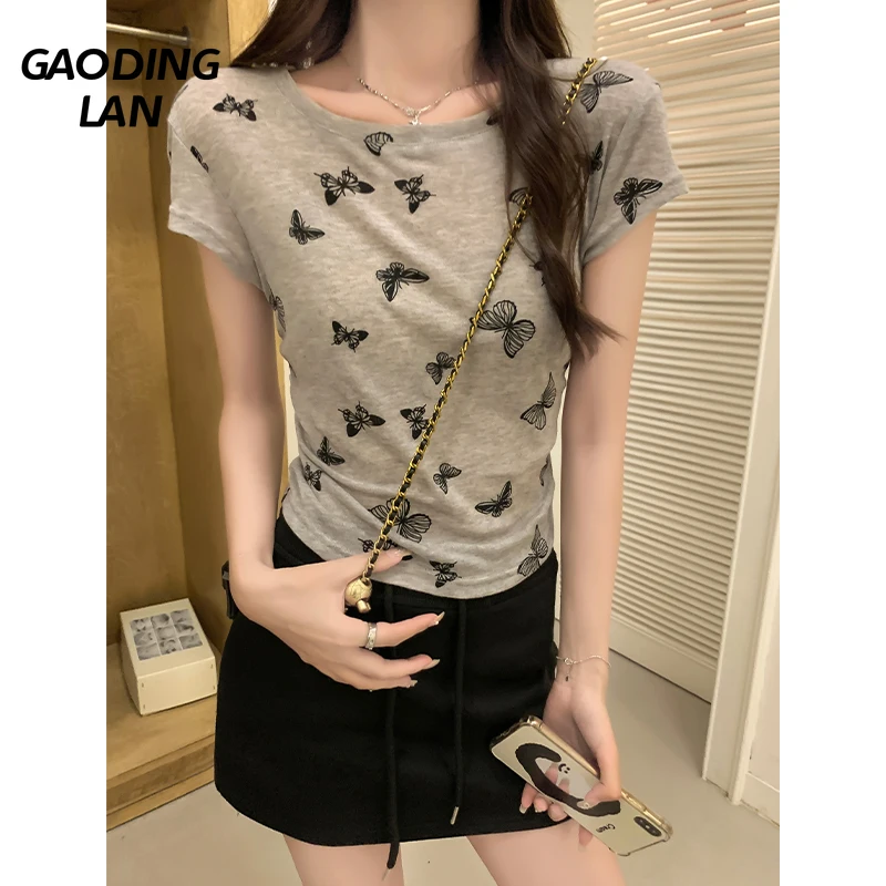 

GAODINGLAN Bow Print BM Slim Waist Women T-shirts Short Sleeve Round Neck Korean Cropped Tops Y2k Summer Versatile Tees Female
