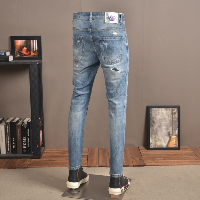 Streetwear Fashion Men Jeans Retro Blue Elastic Slim Fit Ripped Biker Jeans Homme Spliced Designer Patch Hip Hop Denim Pants Men