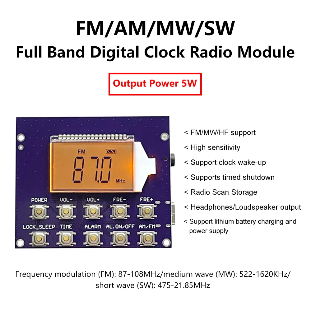 

FM MW SW Wireless Radio Receiver Module 87-108MHz Station Auto Storage 4.75-21.85MHz Digital Clock DC 3.7V LED Display Radio