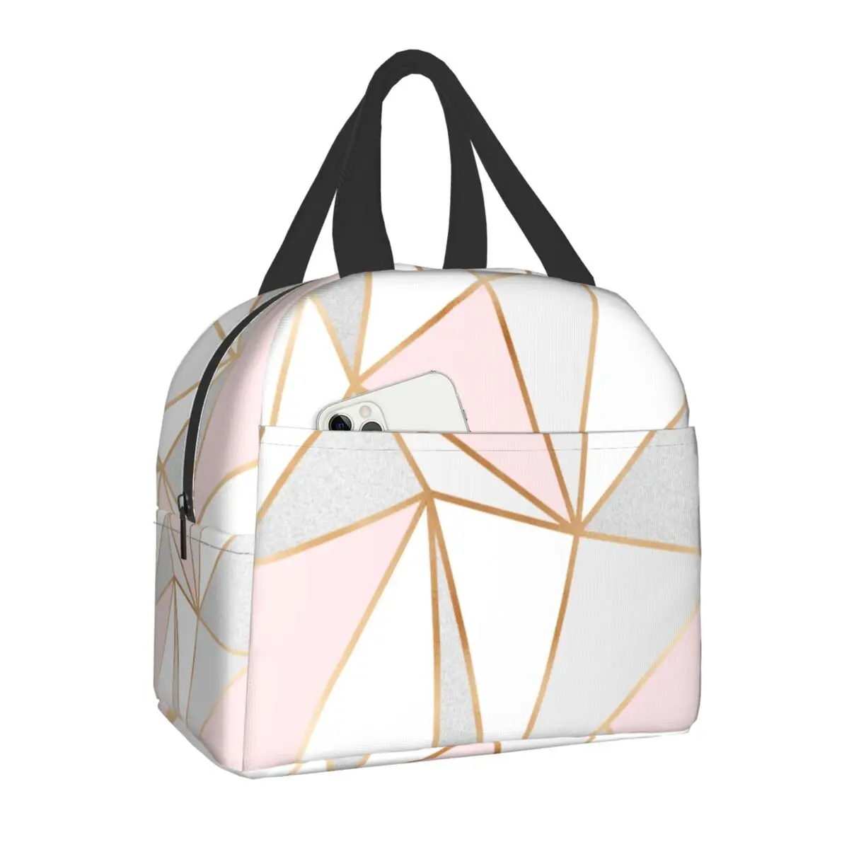 

Pink Grey Gold Geometric Abstract Pattern Insulated Lunch Bag for Women Geometry Portable Thermal Cooler Food Lunch Box for Work