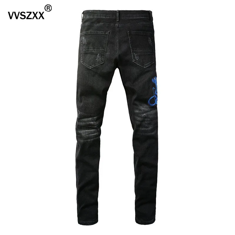 Men's Slim Fit Jeans Frayed Ripped Hole Patchwork  Snake Embroidery Denim Pants Streetwear Hip Hop Small Leg Jeans Trousers Male 2