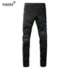 Men's Slim Fit Jeans Frayed Ripped Hole Patchwork  Snake Embroidery Denim Pants Streetwear Hip Hop Small Leg Jeans Trousers Male 2