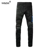 Men's Slim Fit Jeans Frayed Ripped Hole Patchwork  Snake Embroidery Denim Pants Streetwear Hip Hop Small Leg Jeans Trousers Male 2