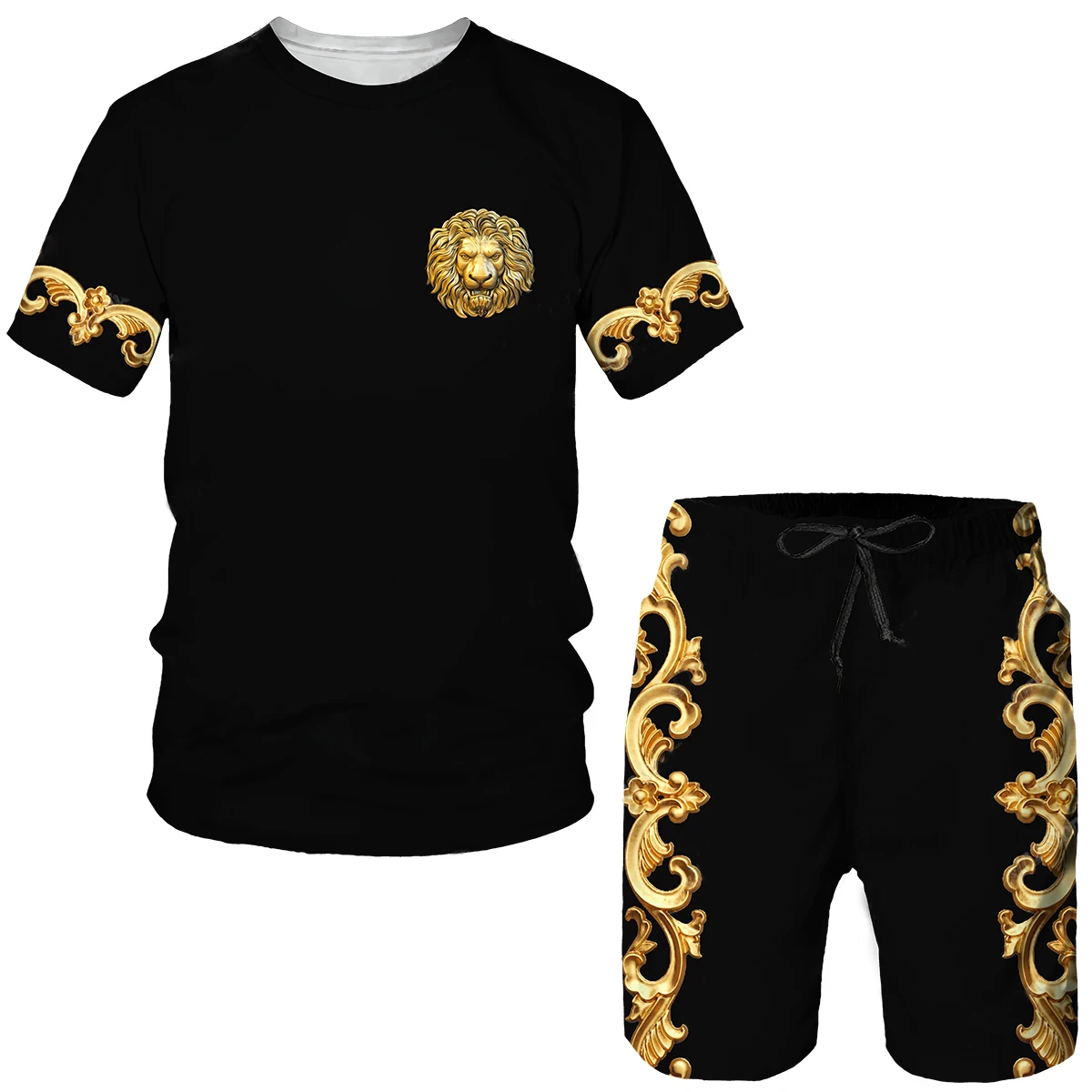 Summer Luxury Man Sportswear Tracksuit Trend 2 Piece Set 3D Golden Lion Pattern Men T-Shirt+Shorts Suit Oversized Male Clothes