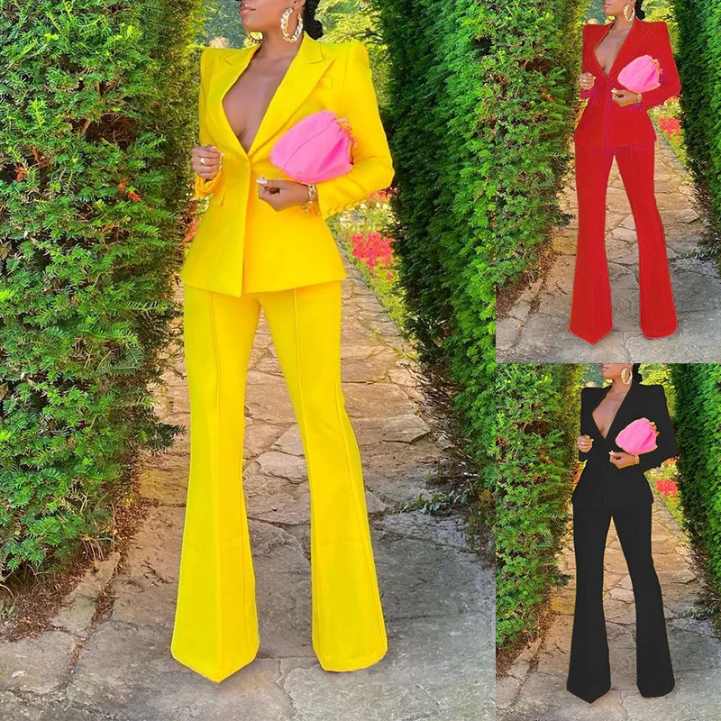 Women 2 Piece Matching Outfit Set Flare Sleeve Plunge V-neck Top & High Waist Bodycon Wide Leg Pant Sets Chic Office Lady Suit chic women short sets 2023 new sequins single button blazer shorts 2 piece sets luxury lady formal party celebrity pant sets