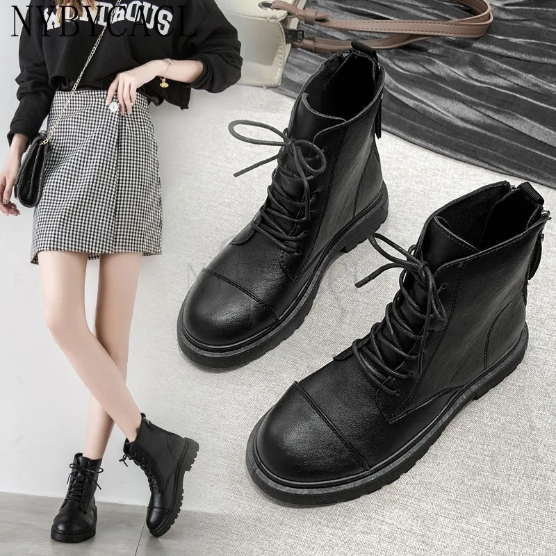 Black Boots Women's Cow Leather Shoes Platform Chunky Boots Lace Up Ankle Boots Winter Autumn Zip Shoes Brand 2022 New
