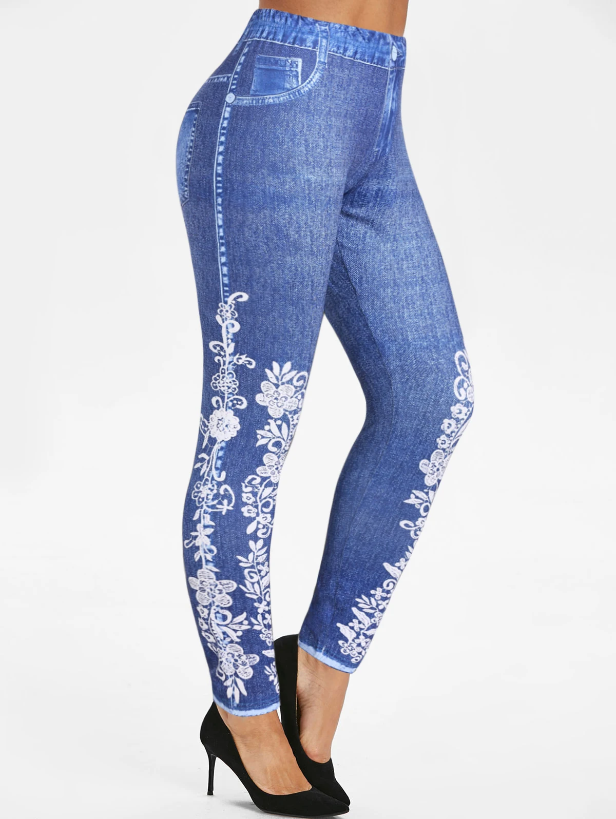 Skinny Jeggings 3d Rose Printed Ripped Denim Jeans High Elastic