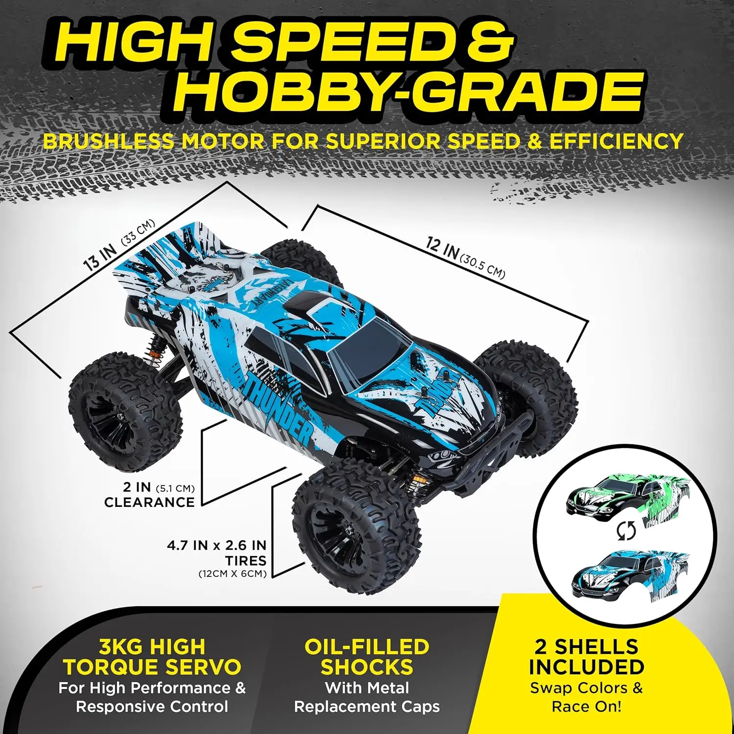 Remote Control Car Hobby Grade RC Car 1:10 Scale Brushless Motor Two Batteries 4x4 Off-Road Waterproof RC Truck